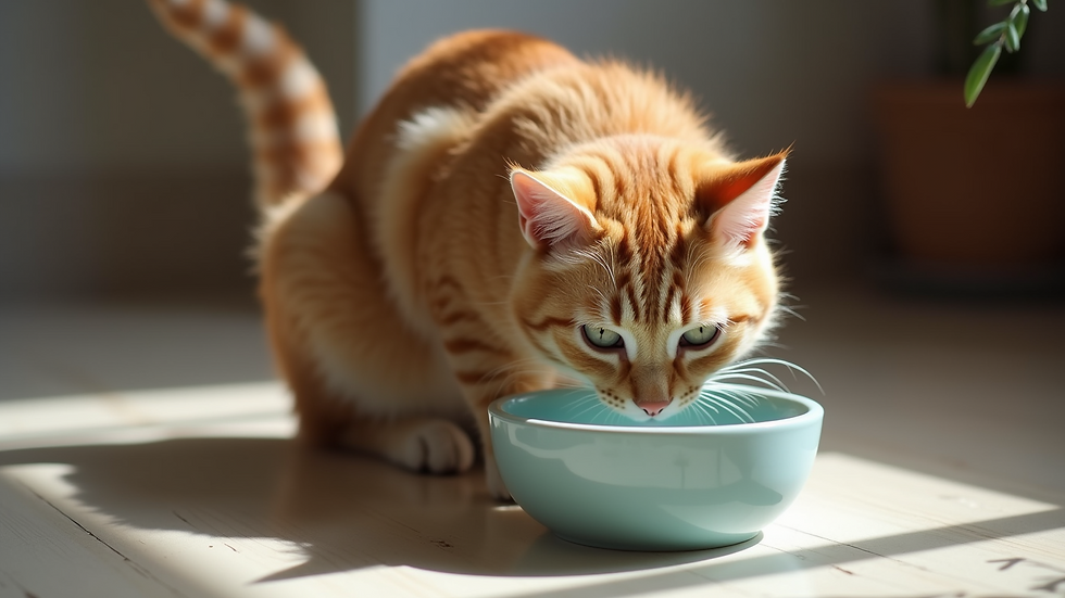 Eye-level view of a cat drinking water from a bowl