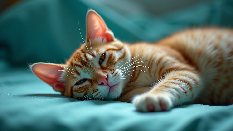 High angle view of a cat resting comfortably after surgery