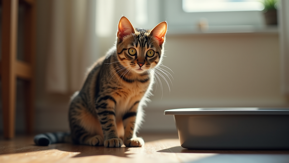 High angle view of a cat near a litter box