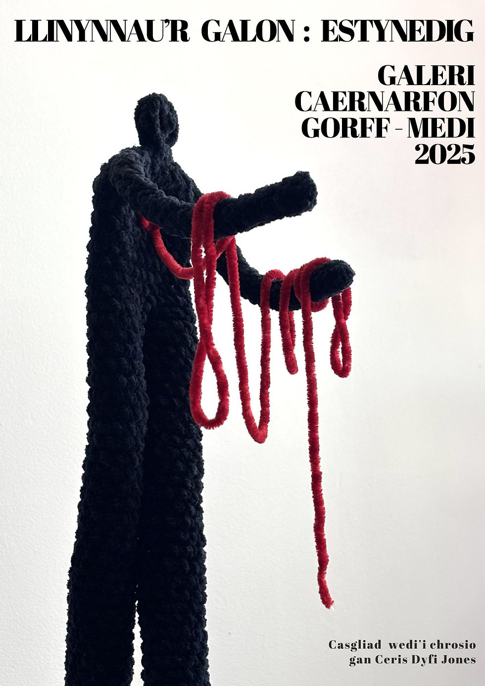 Exhibition poster showing crochet artwork of a silhouetted black figure draped with red wool.