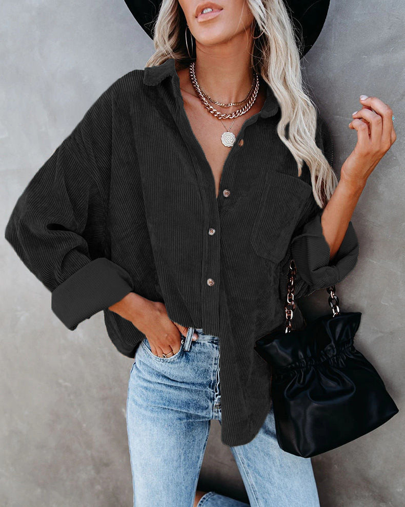 Thumbnail: Women's Corduroy Long Sleeve Button-Down Collared Blouse Pockets Shirt Jacket Tops Black