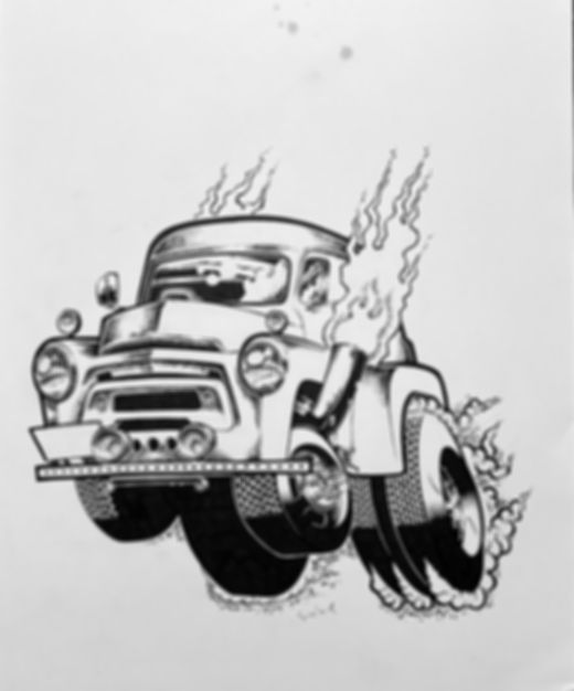 Original hand-drawn pen and ink cartoon illustration of a flamed panel truck hot rod on Bristol paper, signed Sinclair