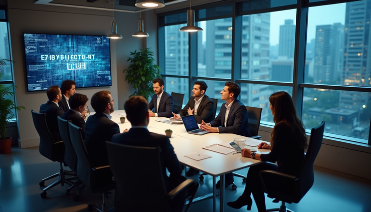 High angle view of a product team collaborating with cybersecurity and legal experts around a table