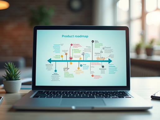 Eye-level view of a laptop screen showing a colourful product roadmap created in Canva Ai