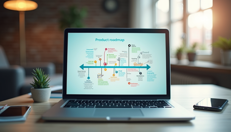 Eye-level view of a laptop screen showing a colourful product roadmap created in Canva