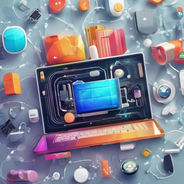 A colorful digital composition depicting a laptop surrounded by various gadgets and devices, symbolizing modern product managment, technology and connectivity.