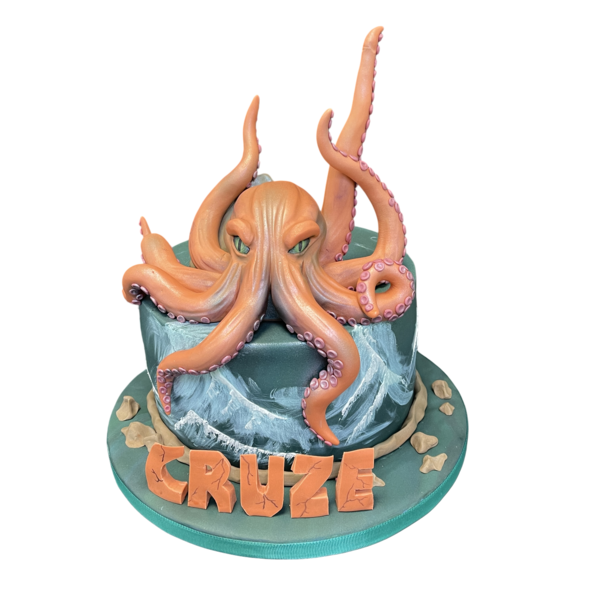 A stunning cake featuring a detailed Kraken octopus sea monster design, perfect for themed parties and special occasions.