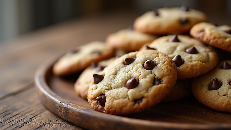 Close-up view of freshly baked chocolate chip cookies on a rustic wooden tray