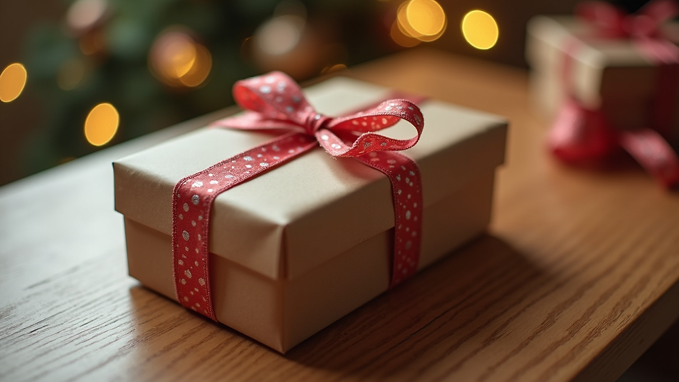 Eye-level view of a beautifully wrapped cookie gift box with a ribbon on a wooden table