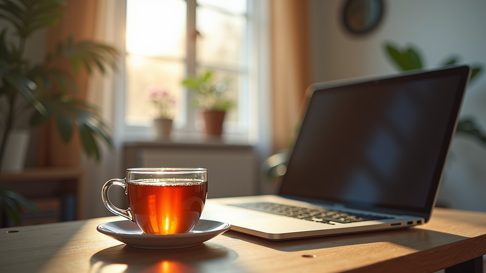 Eye-level view of a cozy home office setup with a laptop and a cup of tea