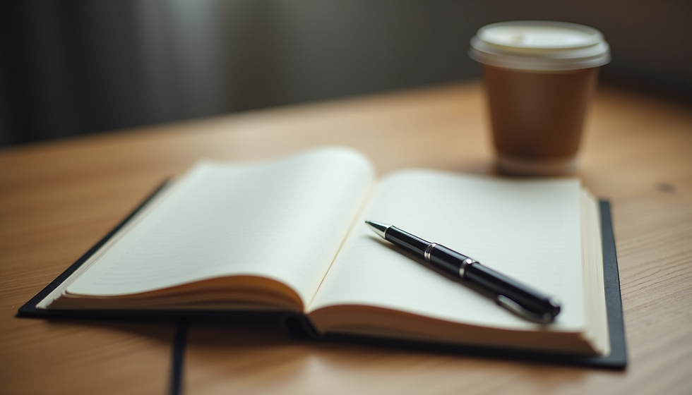 Close-up view of a journal with motivational notes and a pen on a wooden table