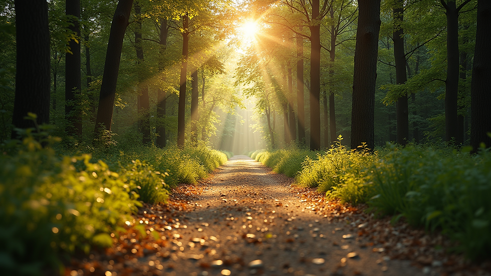 High angle view of a peaceful nature trail with sunlight filtering through trees