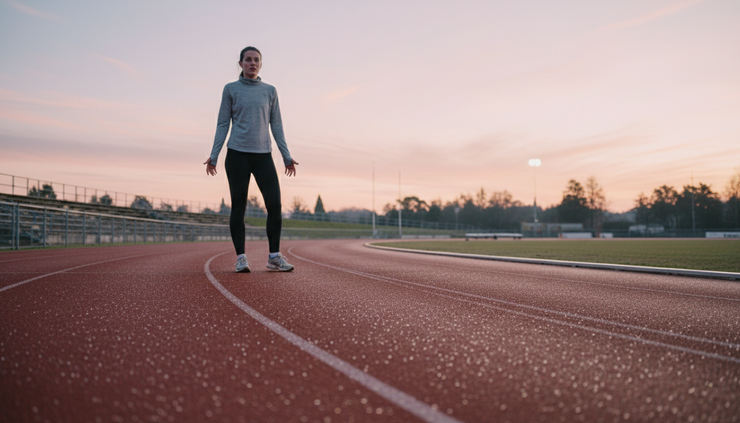 Eye-level view of a runner standing at the edge of an empty track at dawn.