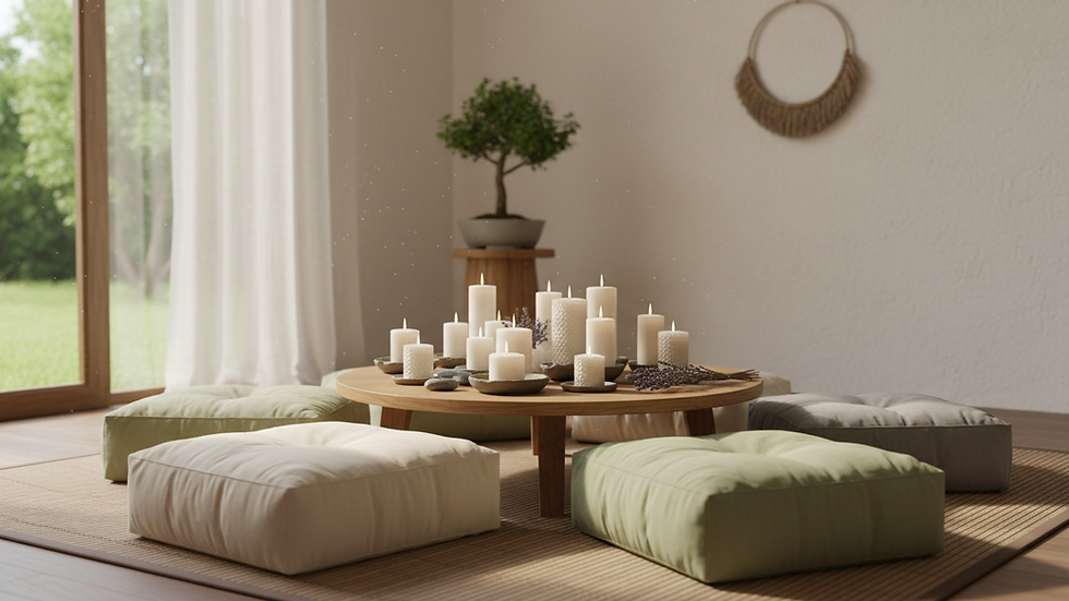 Eye-level view of a peaceful meditation space with candles and cushions