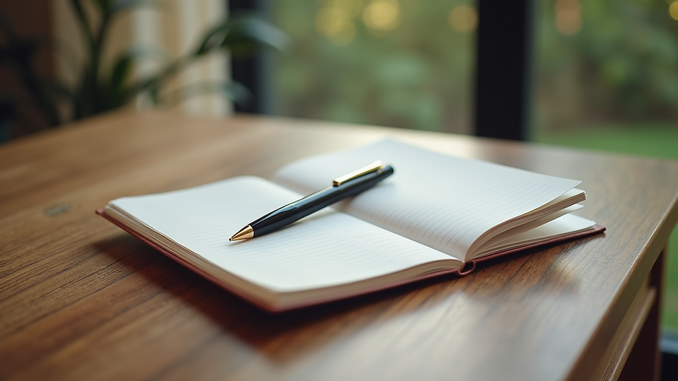 Close-up view of a journal and pen on a wooden table, symbolizing self-reflection and growth