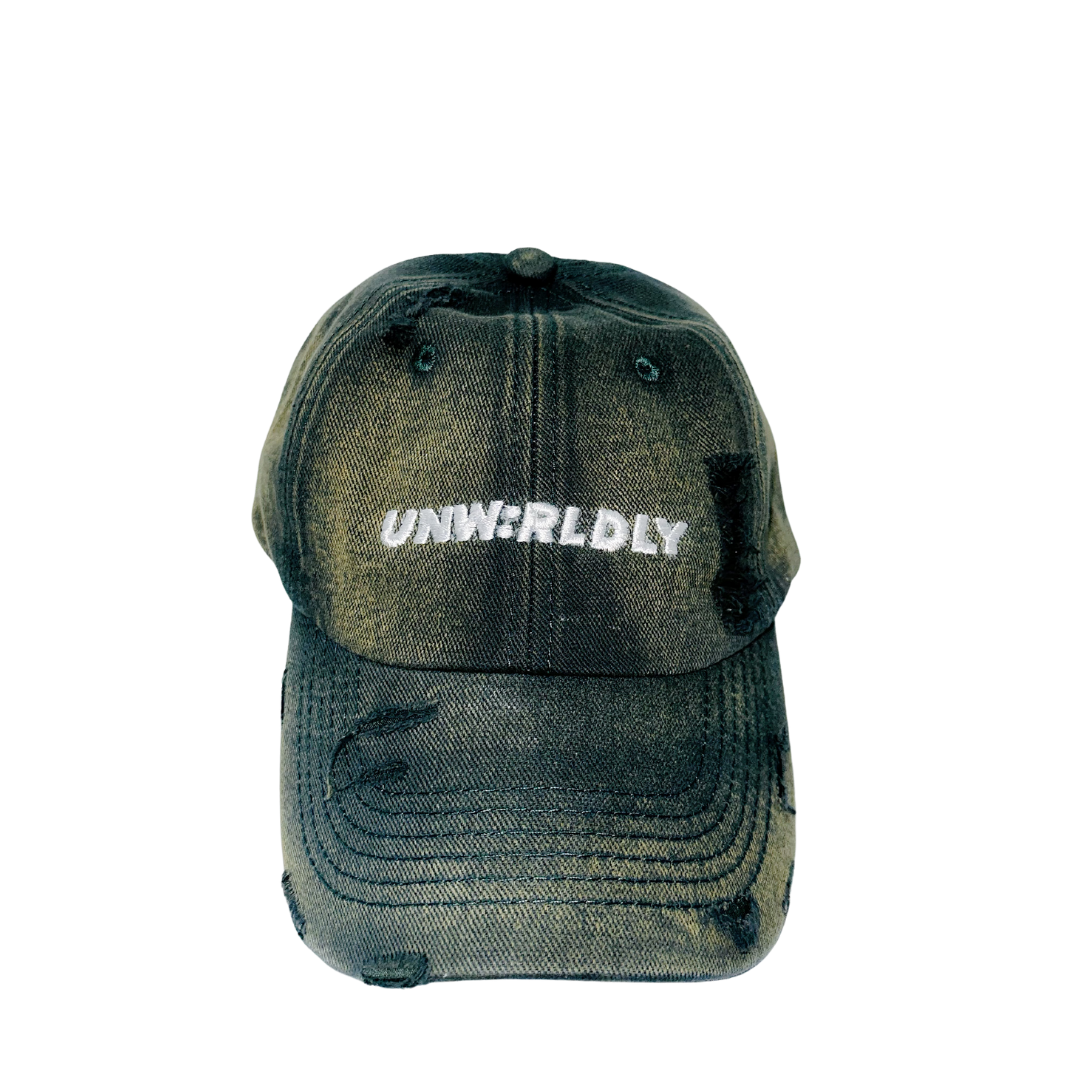 UNW:RLDLY Ripped Denim Cap in Dark Green