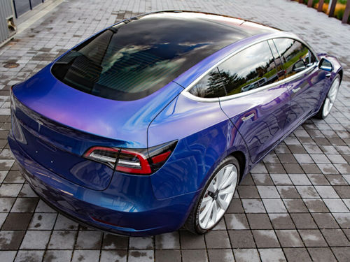 Blue Tesla with color paint protection film PPF Dayton Cincinnati