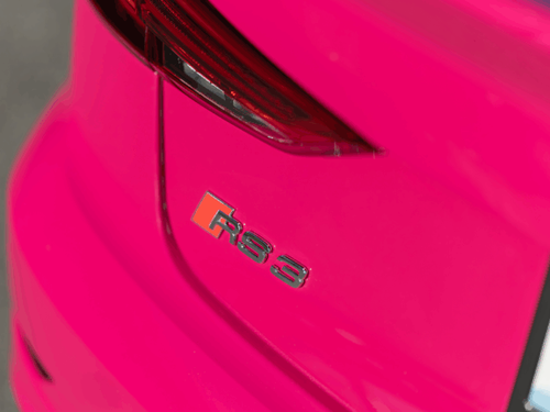 Pink color paint protection film PPF on an Audi RS3