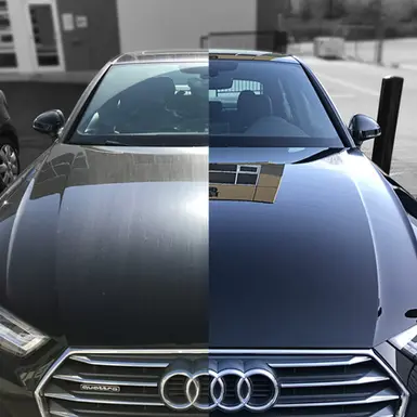 Before and after ceramic coating dayton cincinnati on a car hood