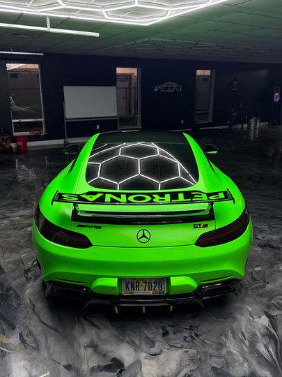 Custom decal printing Dayton for a lime green Mercedes AMG.