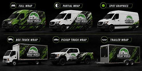 Illustration of different commercial and fleet vinyl wrap options for a vehicle at Wrap World in Dayton Ohio