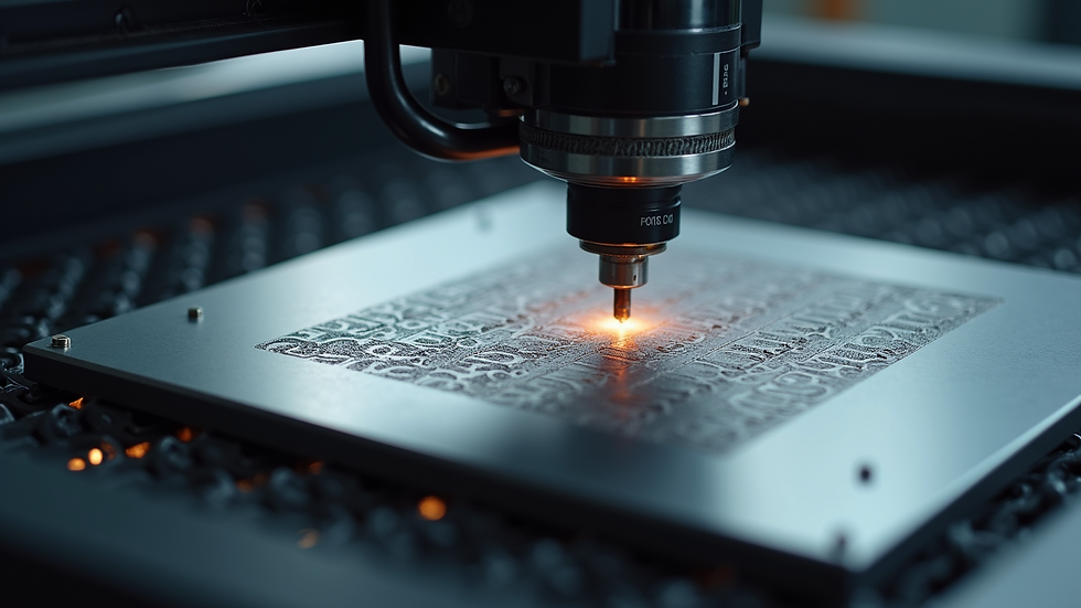High angle view of laser engraving machine working on metal plate