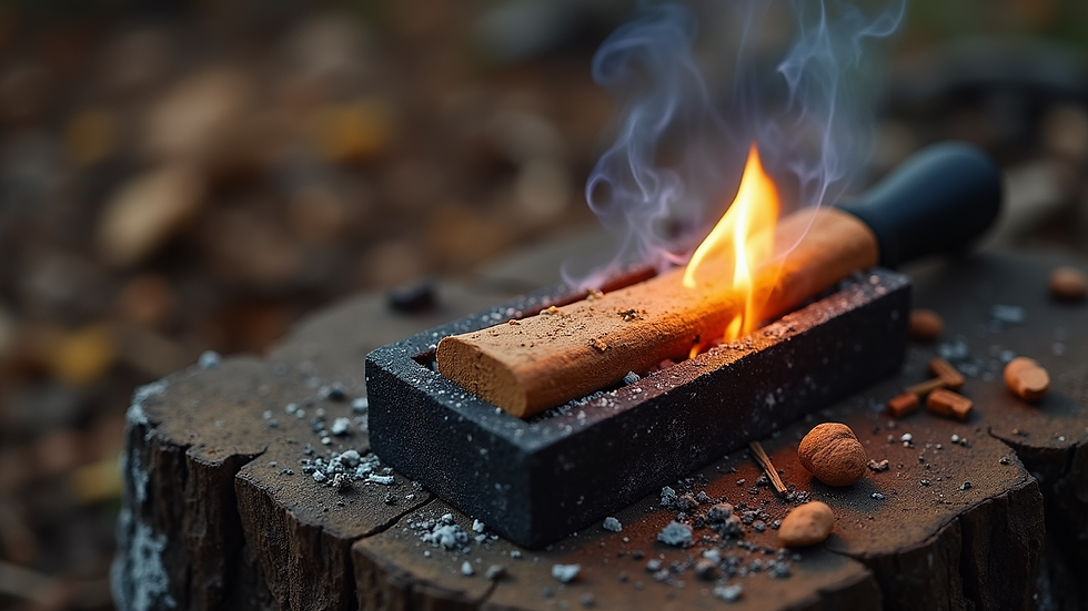 High angle view of a fire starter kit with flint and tinder