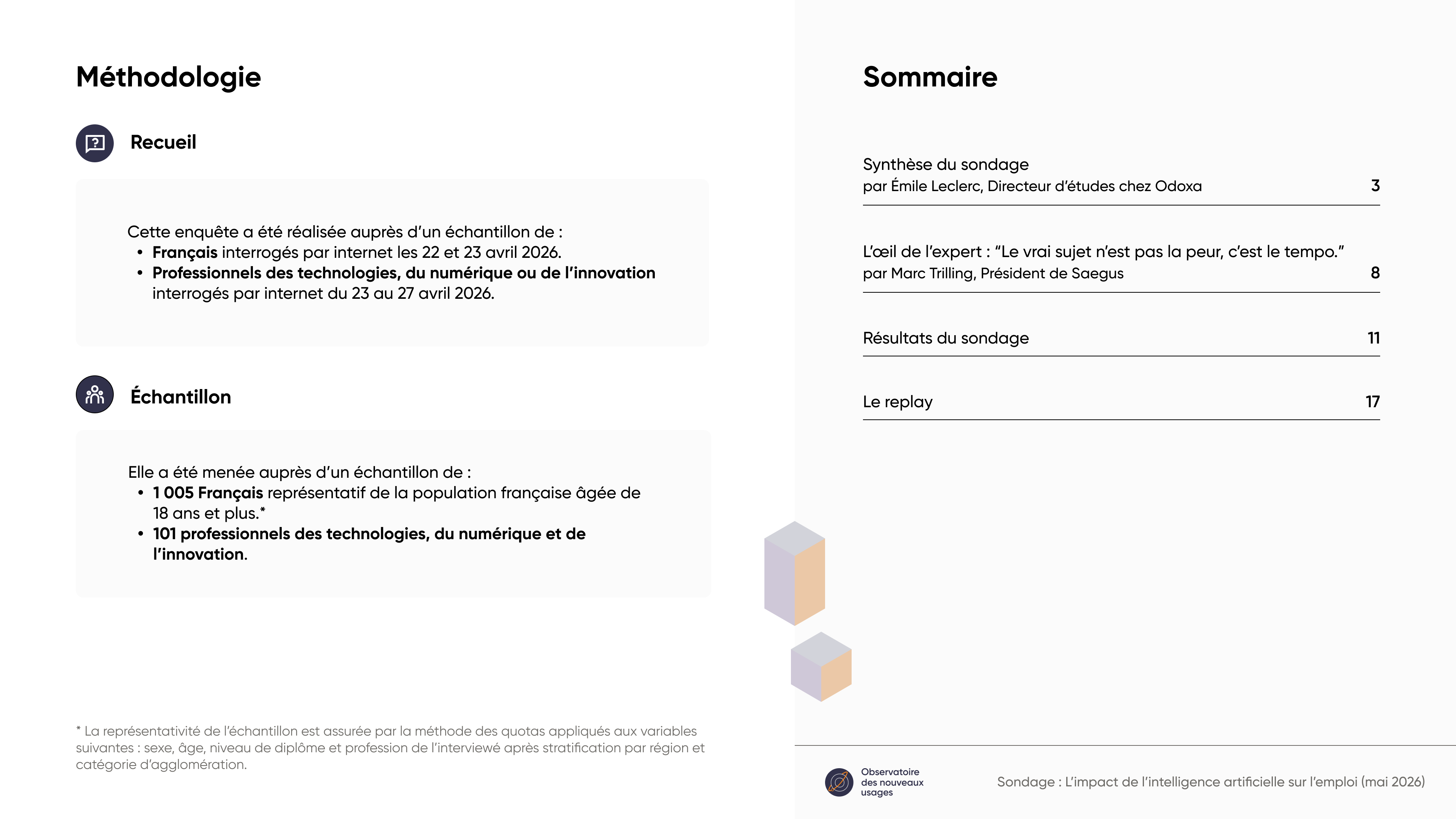 Informations complémentaires sur la méthodologie utilisée dans le cadre de ce sondage. L'enquête a été réalisée auprès d'un échantillon de 1005 Français et 101 professionnels de la technologie.