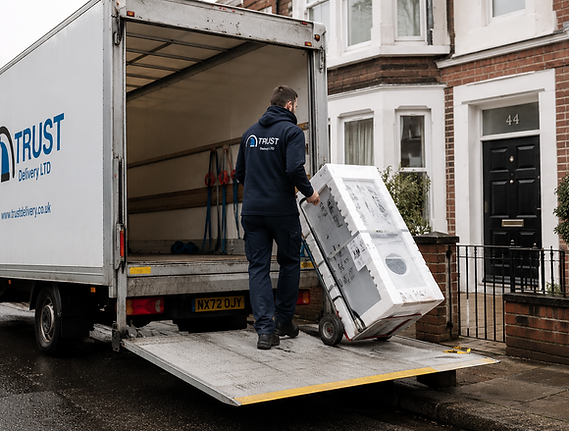 Commercial multi-drop freight and appliance delivery setup for scheduled transport services.