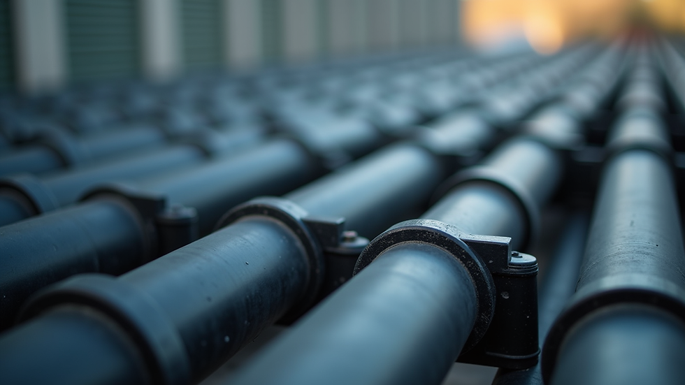 Close-up view of rubber pipe supports arranged neatly