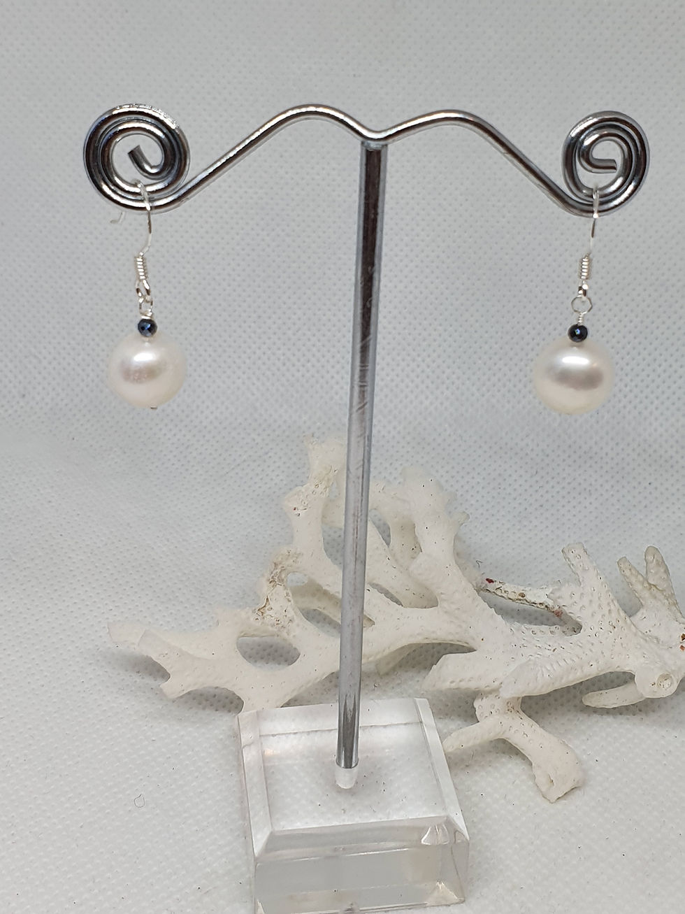 Thumbnail: Button cultured freshwater pearl and spinel sterling silver earrings