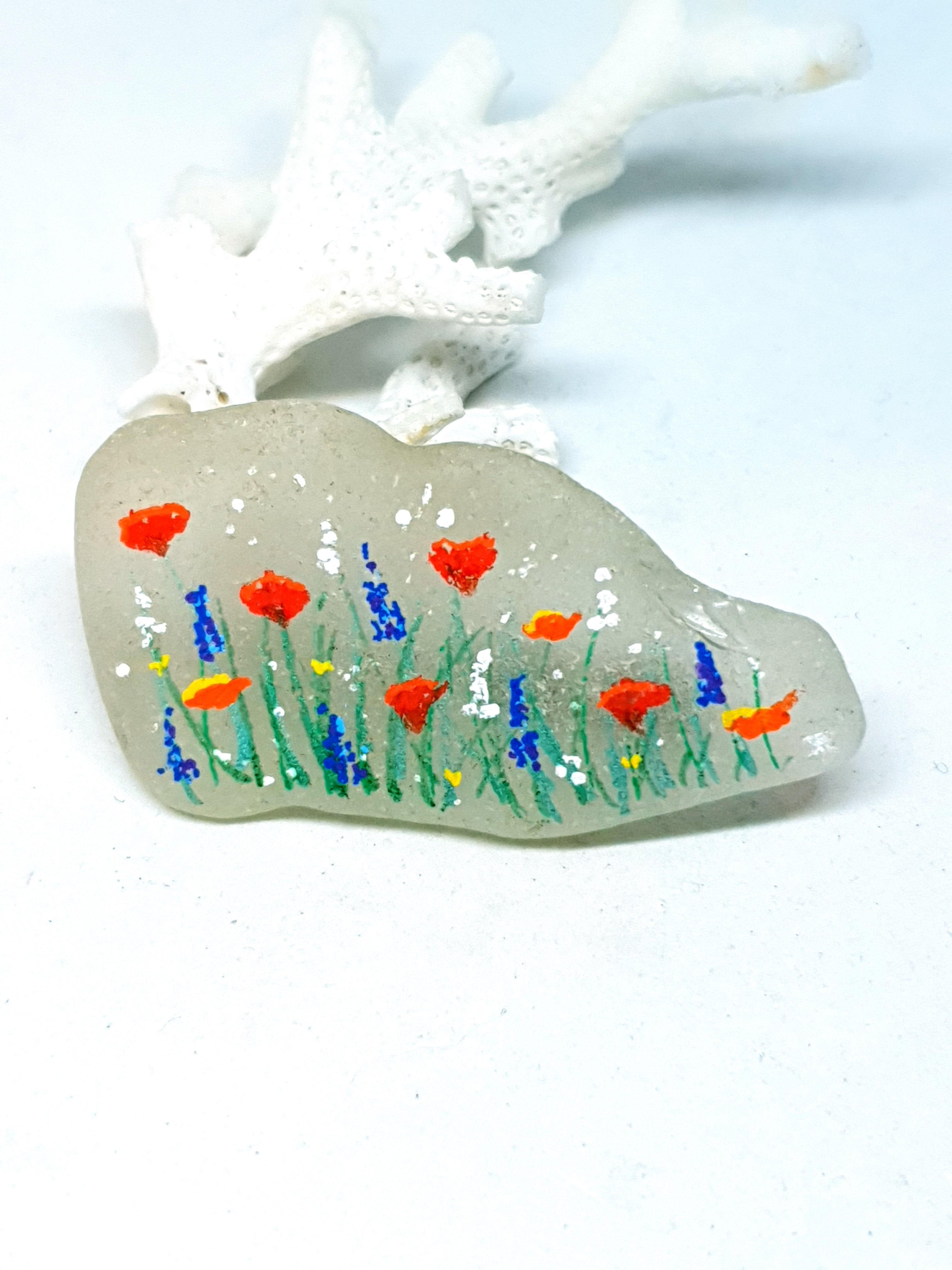 Hand painted seaglass wildflower brooch