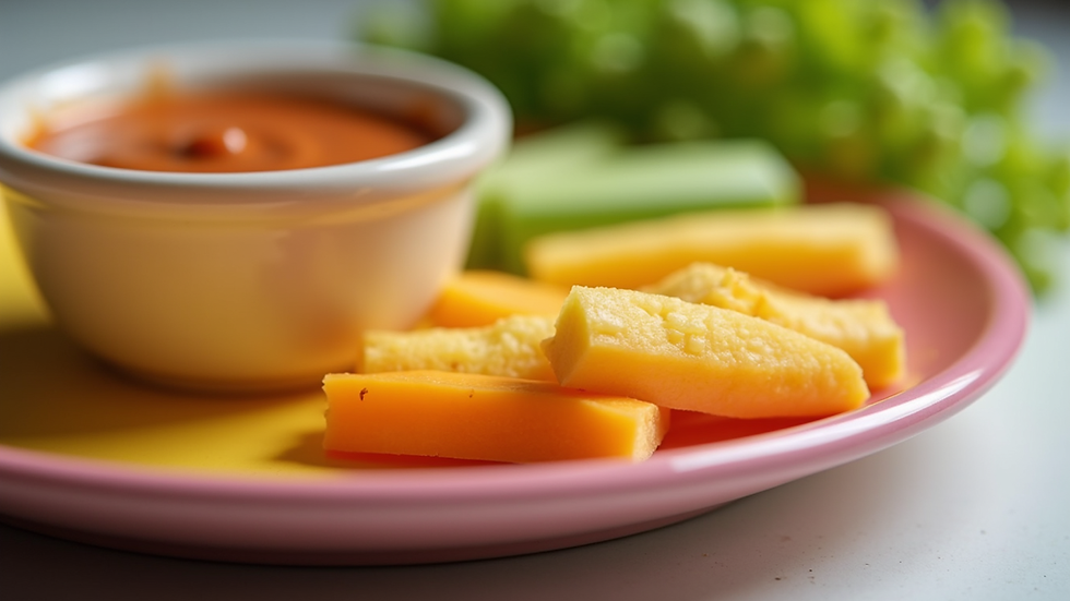 Eye-level view of toddler-friendly vegetable sticks and dip on a colourful plate