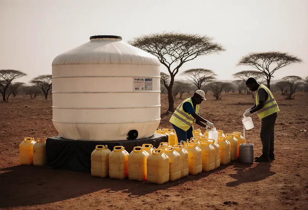 Aid workers at a water treatment point in an East African refugee settlement