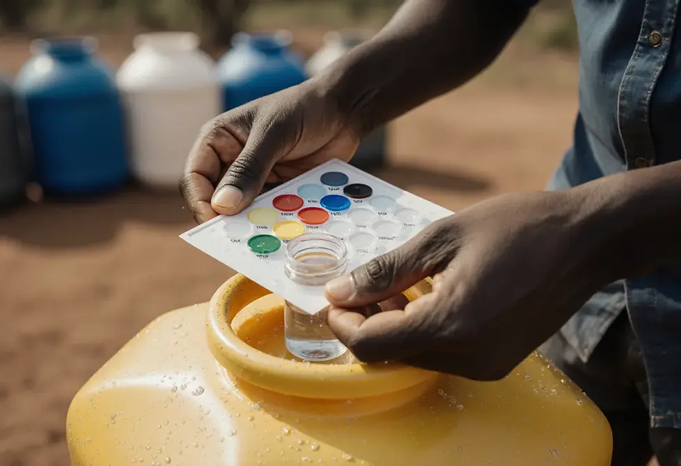 Field worker testing free residual chlorine in treated water at a camp water point