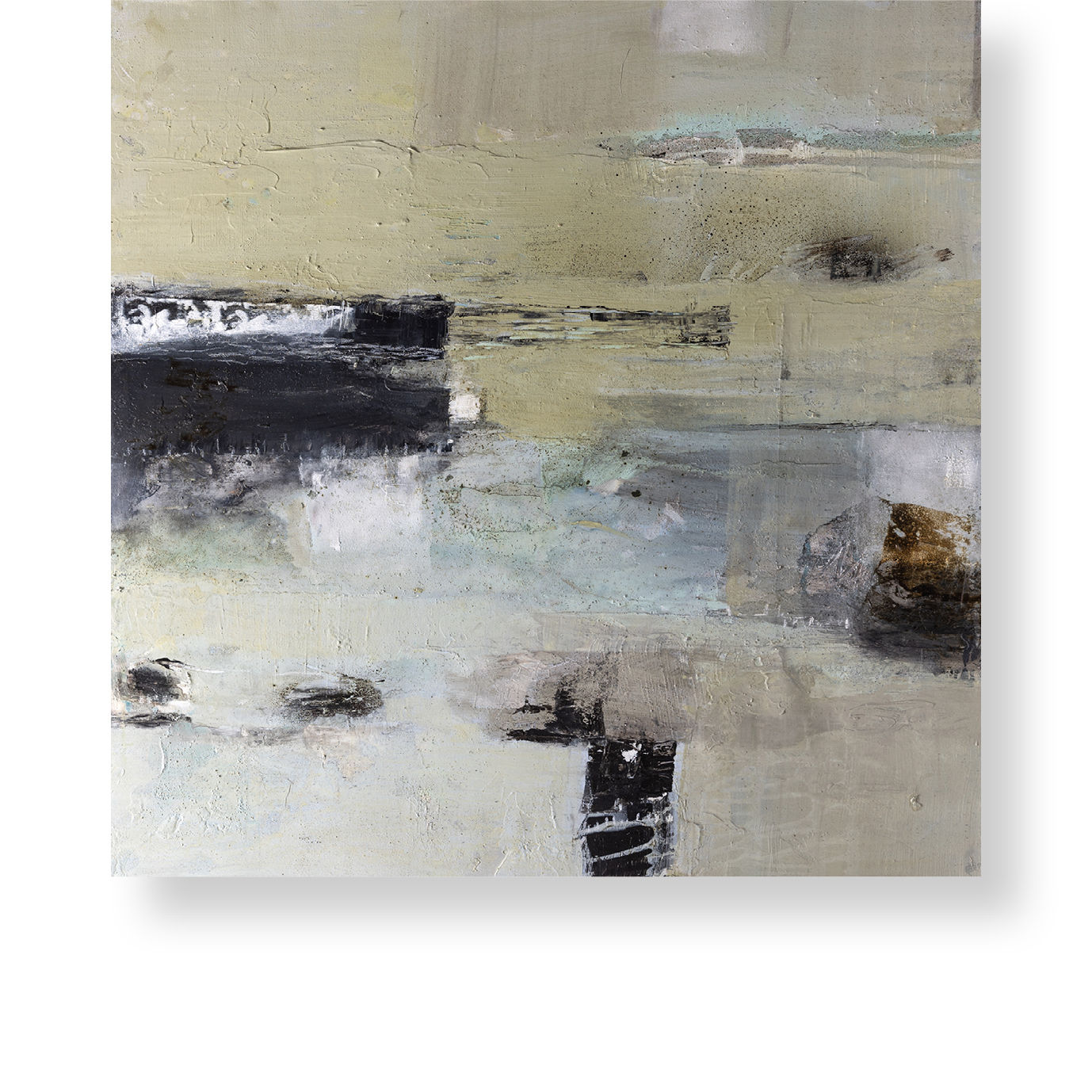 SPIEGELUNG / Mischtechnik, Bitumen, Spachtelmasse, Ölkreide / 80 x 80 cm