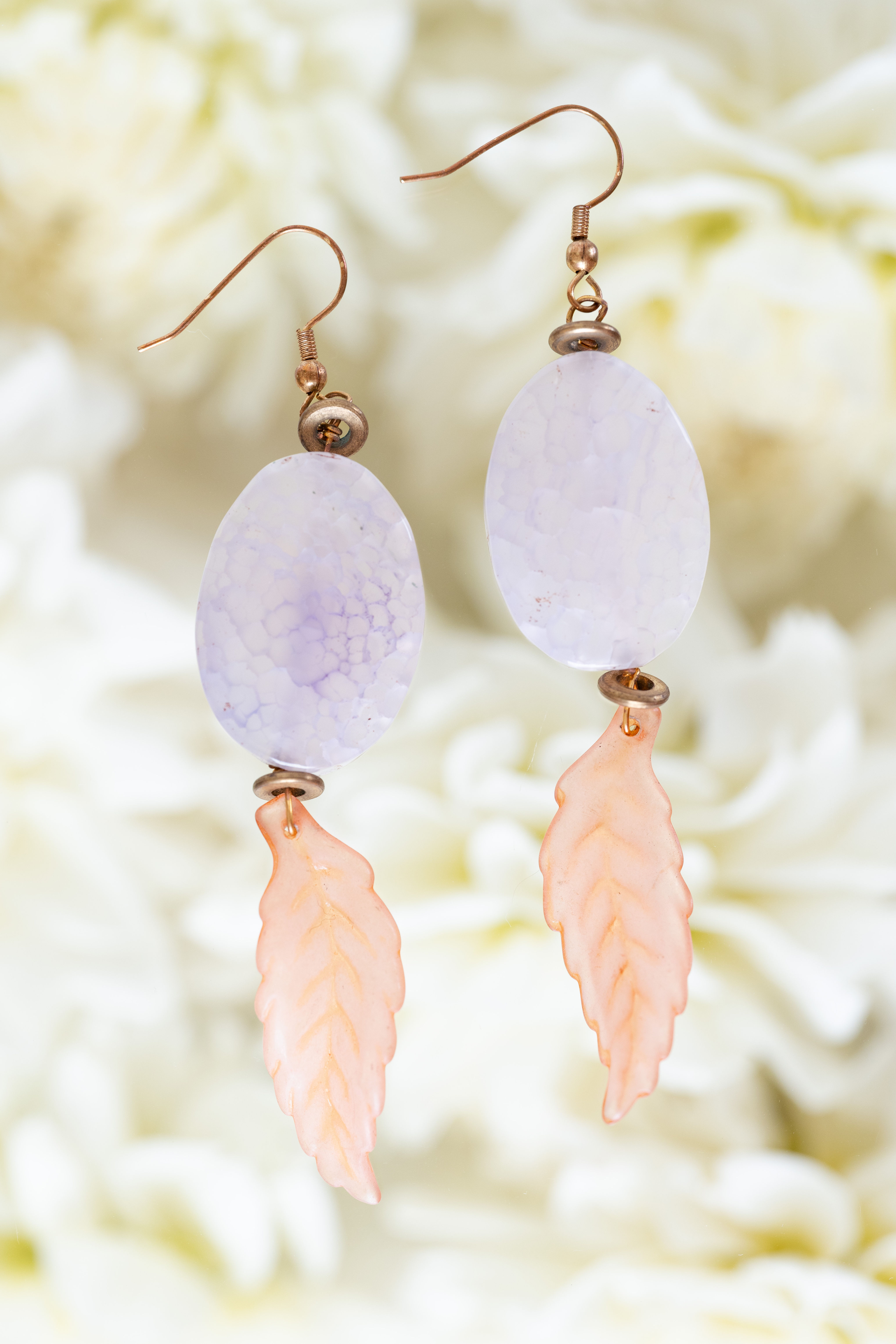 Purple Agate and Pink Leaf Earrings