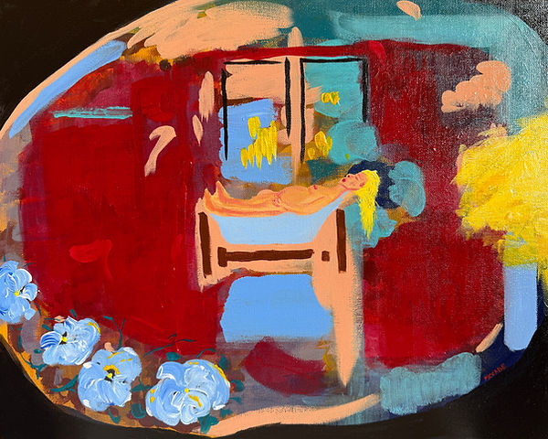 abstract surrealist painting of a woman in bed in a bedroom with red walls