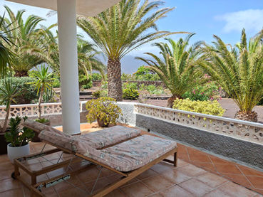 Apartment C Terrasse mit Sonnenliegen und Blick in den Garten