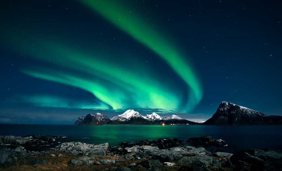 Grünliche Polarlichter über verschneiten Bergen auf den Lofoten, die ich meinen Kunden als Reiseberaterin für spezielle Flitterwochen empfehle