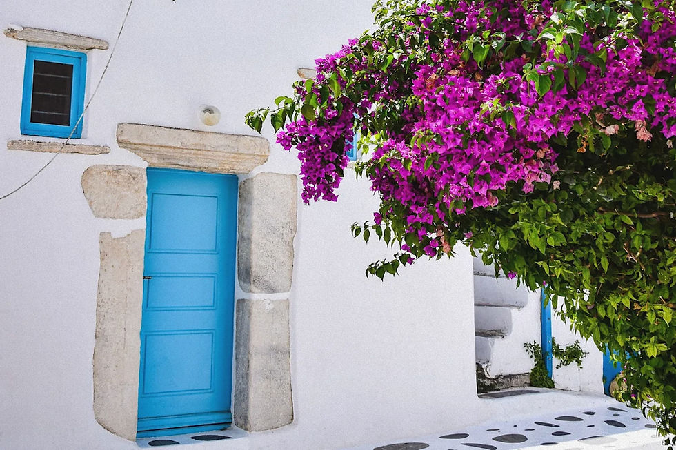 Weiss getünchtes Haus auf Griechenland mit Blauer Tür und violetten Blumen im Vordergrund
