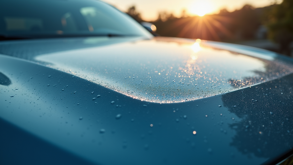 Close-up view of a car hood with clear paint protection film applied