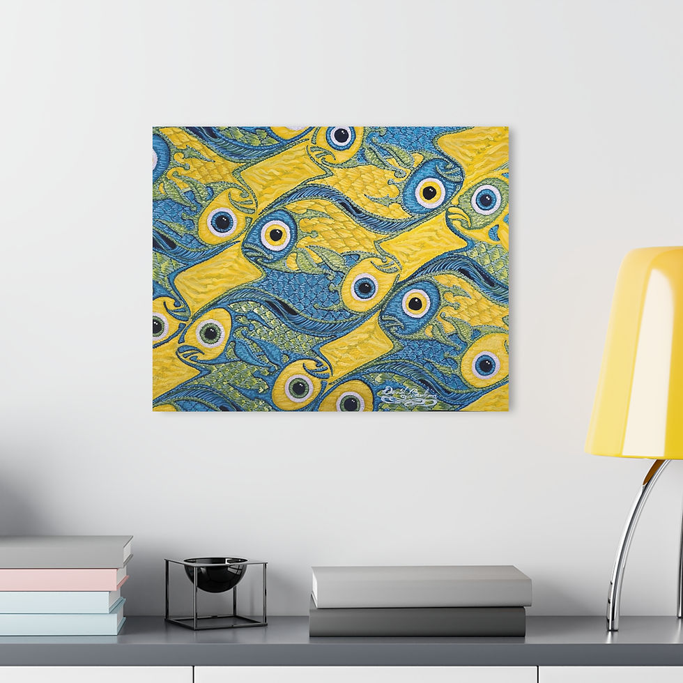 Thumbnail: Vibrant "Fish Tessellation" Acrylic Wall Art Print by Artist David P