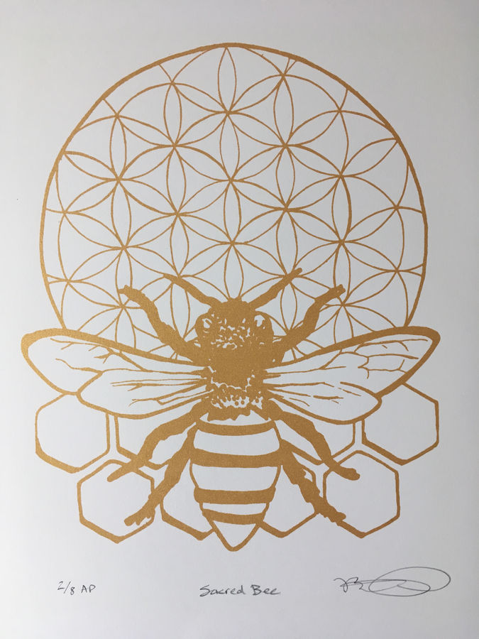 Sacred Bee Print by Brooke Nuckles 
Large, 11" by 17" Artist Proof "AP"/ Limited edition silk screen print on archival, acid-free Arches paper using gold water-based ink.