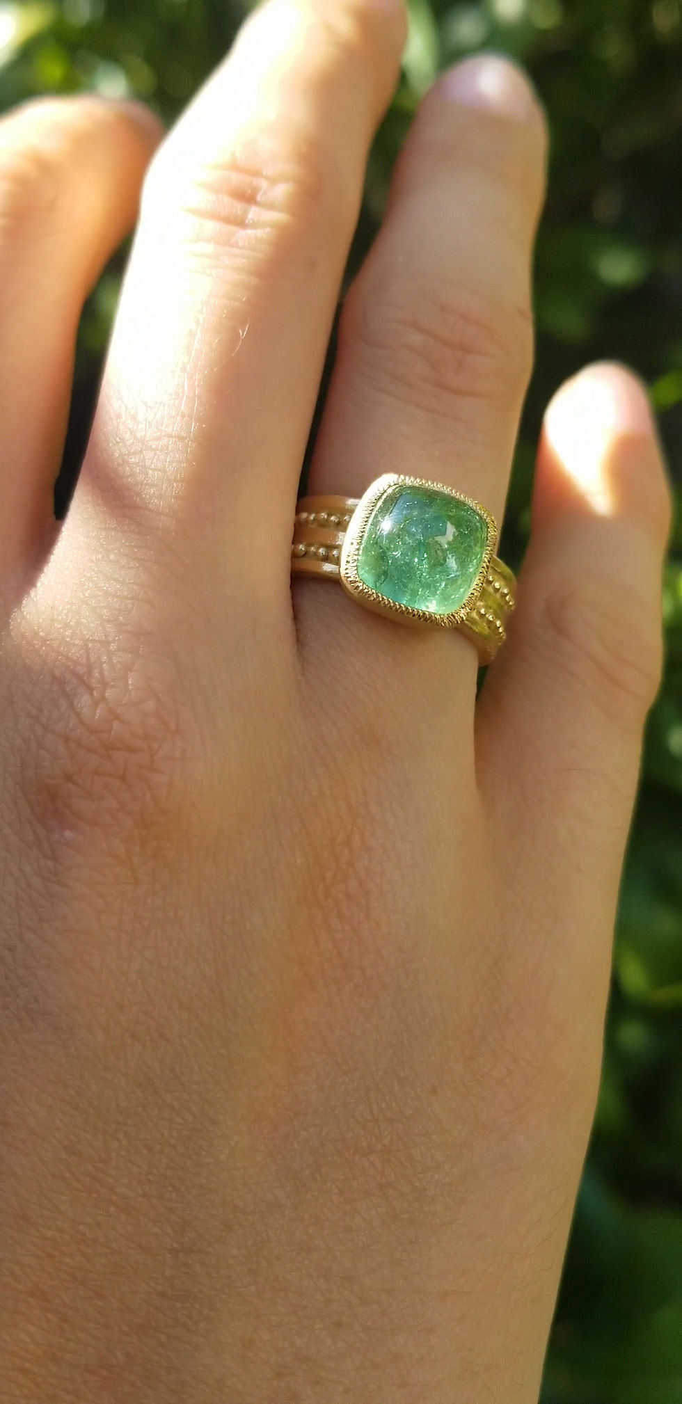 Thumbnail: Large green cabochon tourmaline ring