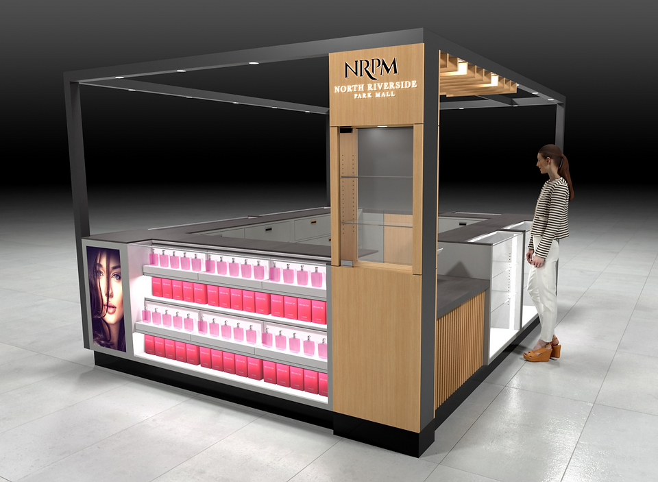 Modern retail kiosk with illuminated product shelves and lifestyle graphic, part of North Riverside Park Mall’s renovation to upgrade RMUs.