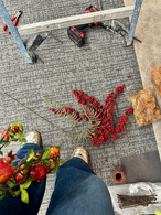 Overhead view of installation materials—berries, tools, and rocks—on the floor during setup.