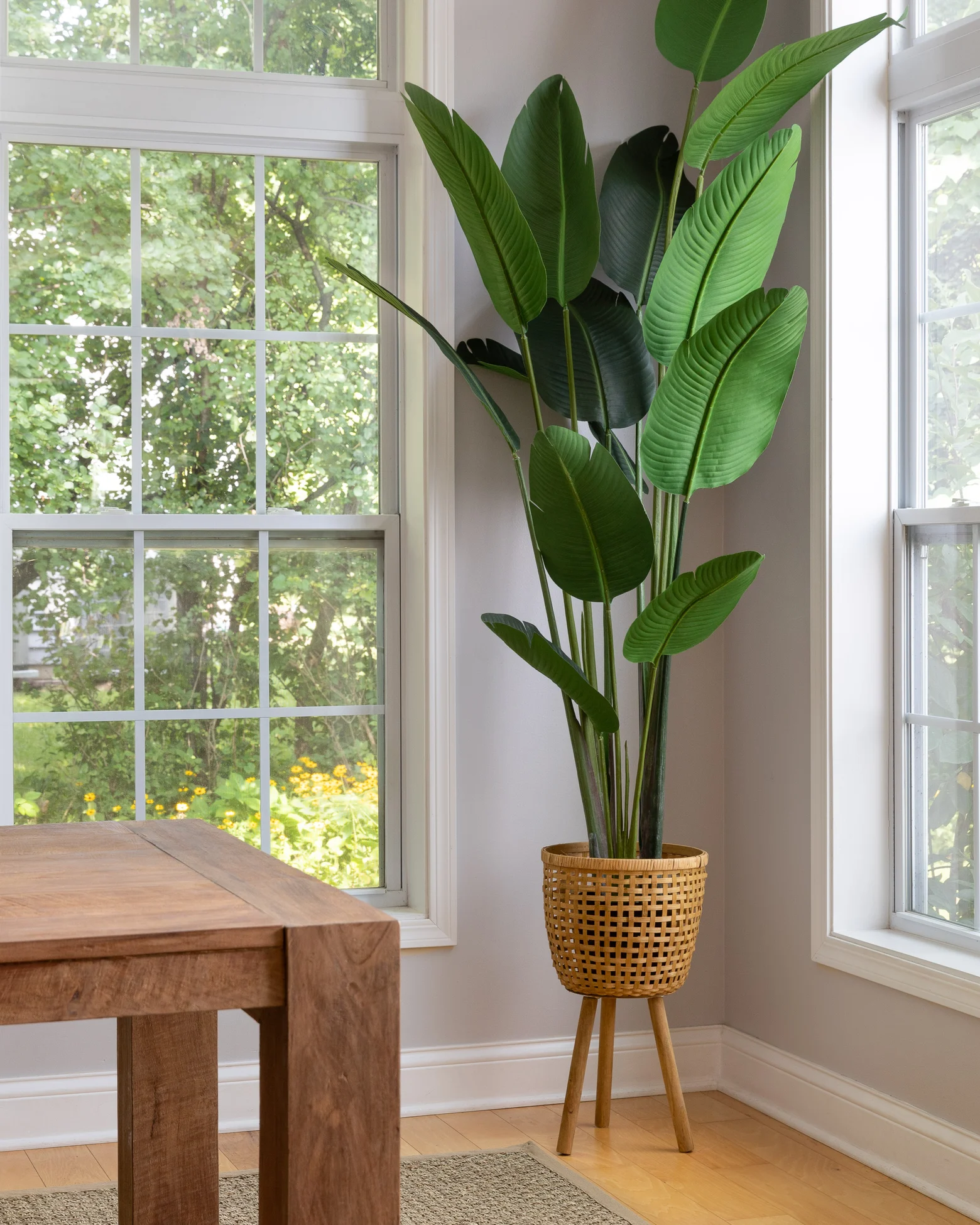 A dining room styled with natural, earthy tones and textures. On the left, a wooden rattan console table is adorned with tall, slim candles, leafy plants in decorative vases, and a large gold-framed mirror above. In the center, a vibrant green indoor plant stands in a woven basket, adding height and life to the corner. On the right, a simple wooden dining table is paired with woven rattan chairs, set against large windows that flood the room with natural light. The space feels warm and inviting, with a focus on natural materials and serene, neutral decor.