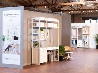 Office setup designed by Amanda Wolfson for the California Closets event at Rockwell on the River, featuring a desk and shelving units.