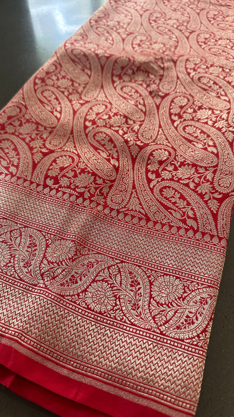 Thumbnail: Red Intertwined Paisley Motif Bridal Brocade Banarasi Katan Silk